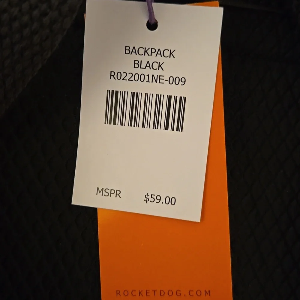 NWT Rocket Dog black backpack with zip top and striped lining.
